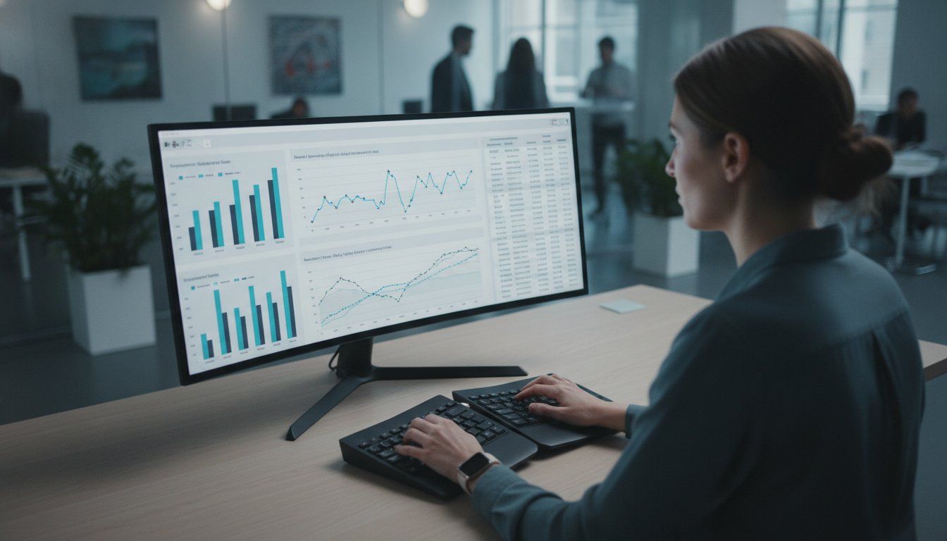 person looking at computer screen while estimating the total cost factors for conveyor equipment.
