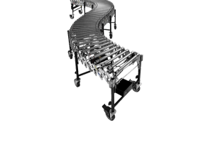 Curved, flexible roller conveyor on wheels, moving through a factory or warehouse.