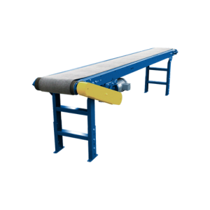 Blue belt conveyor with a gray belt, supported by blue legs, and a yellow motor housing.