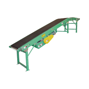 Green incline conveyor belt moving upward with black belt, yellow motor cover, and metal supports.