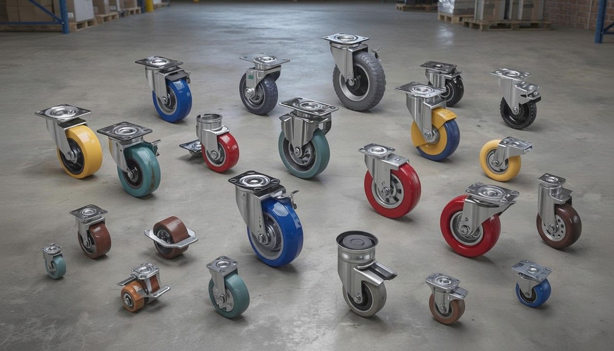 Black industrial conveyor belt rolls lined up on concrete.