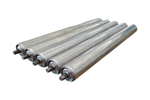 Five metal conveyor rollers with textured surfaces.
