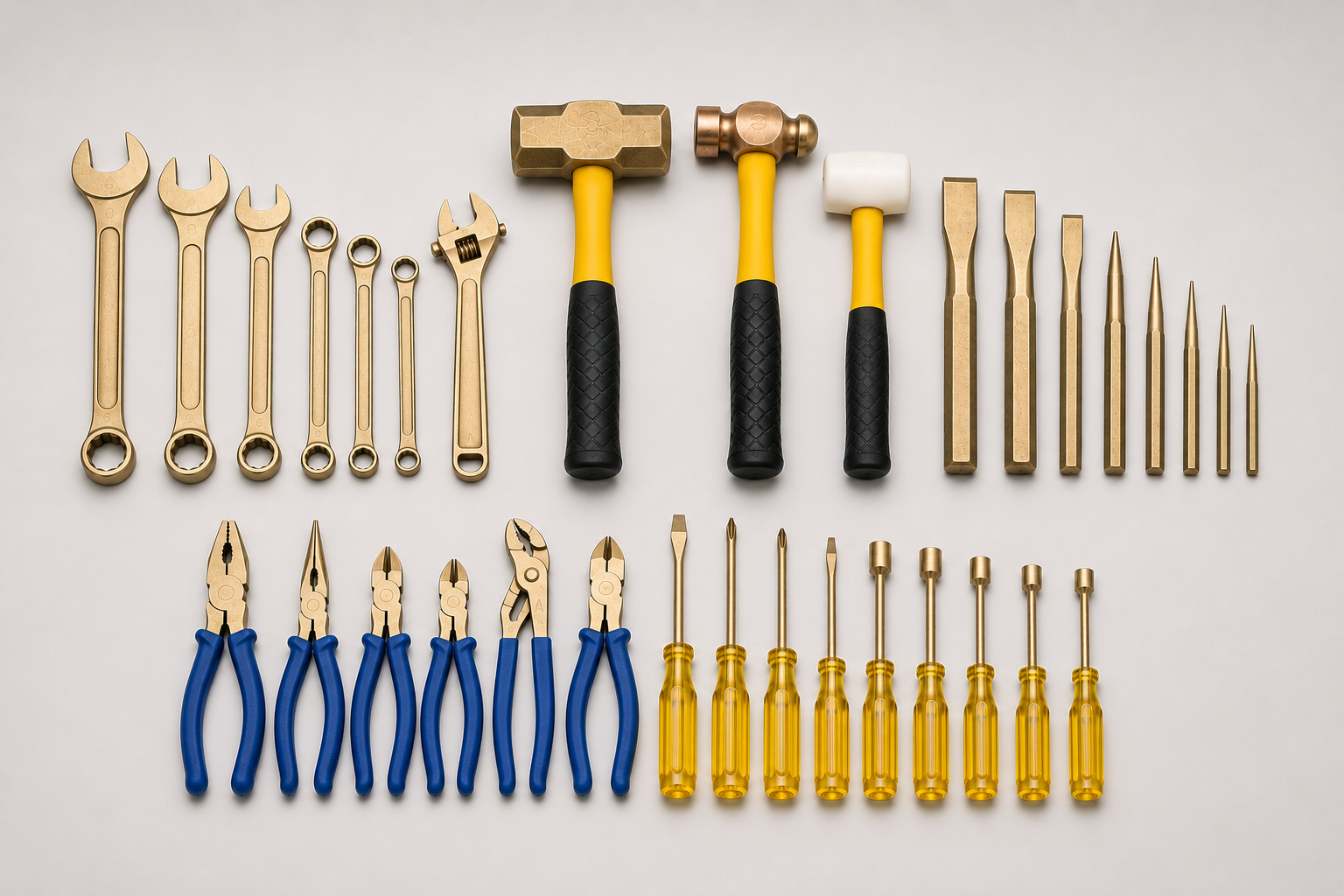 Assorted Ampco Safety Tools including hammers, wrenches, and chisels arranged on an industrial surface.
