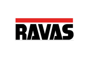 Logo for RAVAS: Black block letters, red bar over the word.