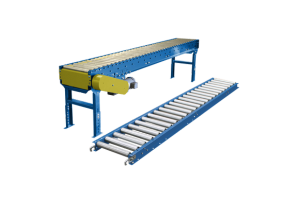 Two blue industrial conveyors; one motorized belt conveyor, one roller conveyor.