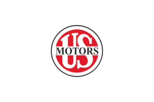 US Motors logo: red and white text inside a circle, with a black border.