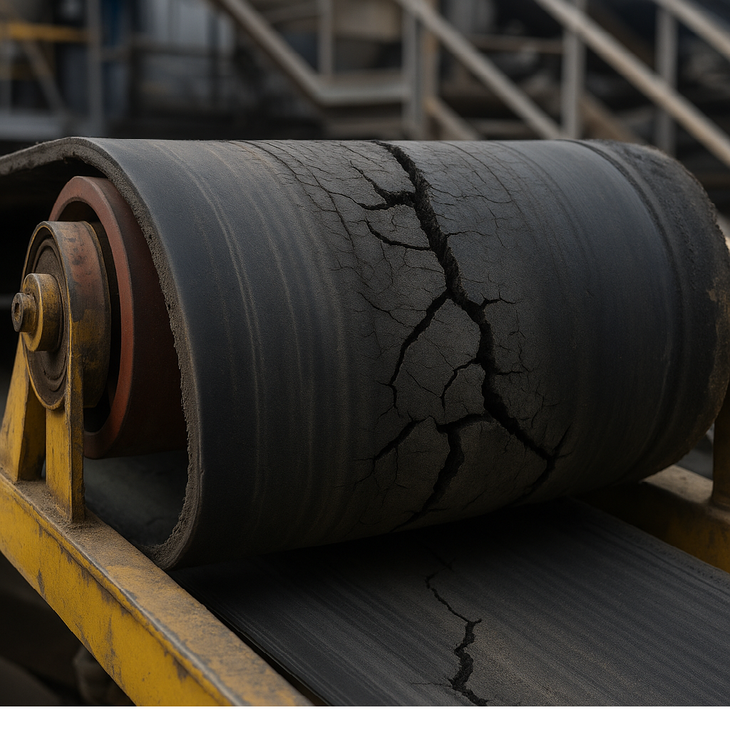 Damaged conveyor belt with cracked surface, in an industrial setting.