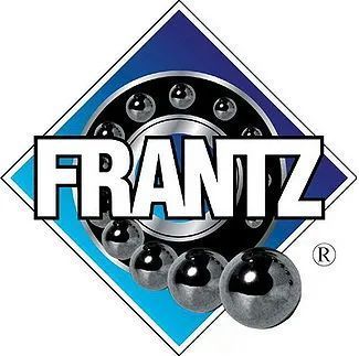 Logo of the company Frantz: centered bearing with large chrome balls, in front of a blue square and diamond.