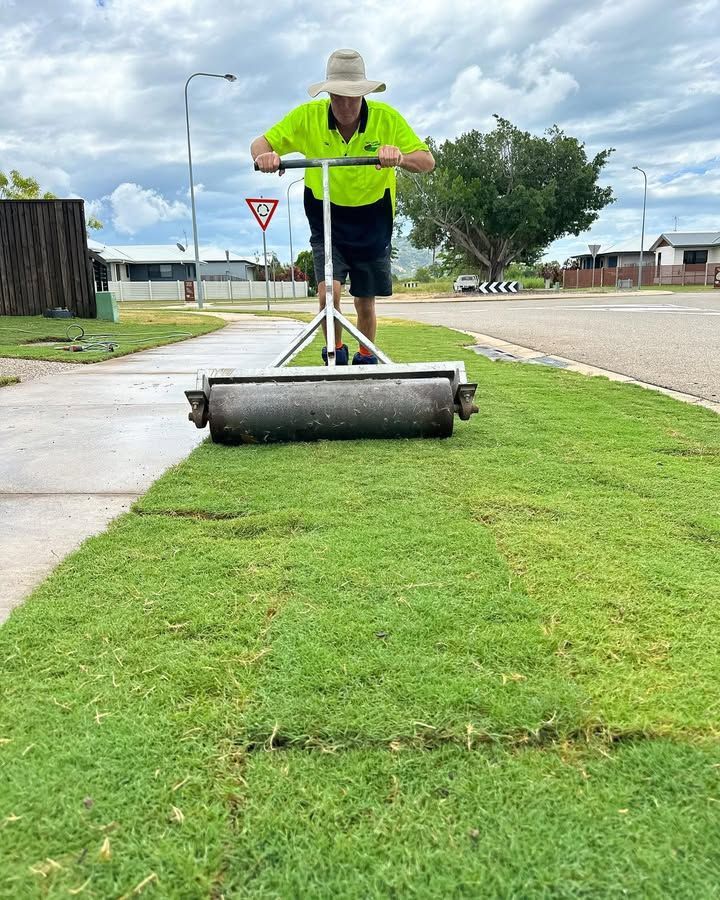 Man Using a Lawn Roller on Freshly Laid Sod Next to A Sidewalk — Top Notch Turf in Ingham, QLD