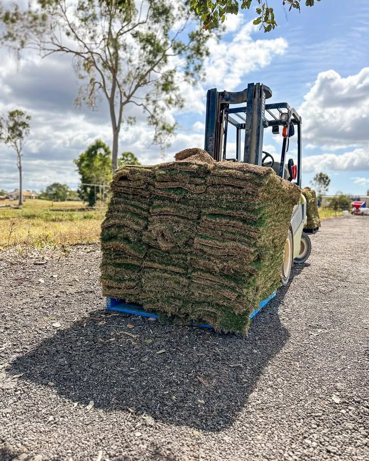 Forklift Carrying a Pallet of Stacked Sod on A Gravel Lot Under a Sunny Sky — Top Notch Turf in Cairns, QLD