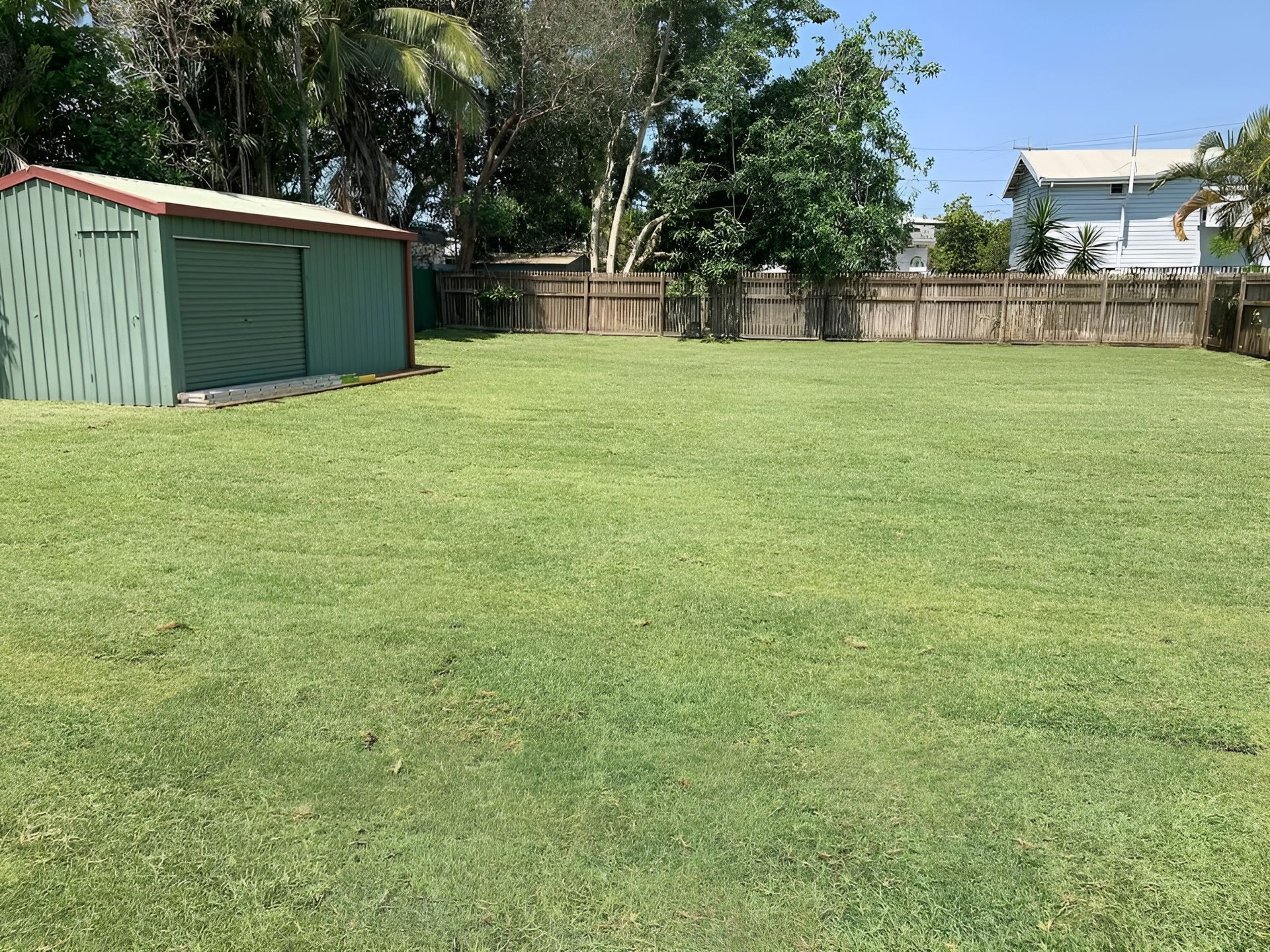 Green Backyard with A Shed and Wooden Fence Under a Clear Blue Sky — Top Notch Turf in Cloncurry, QLD
