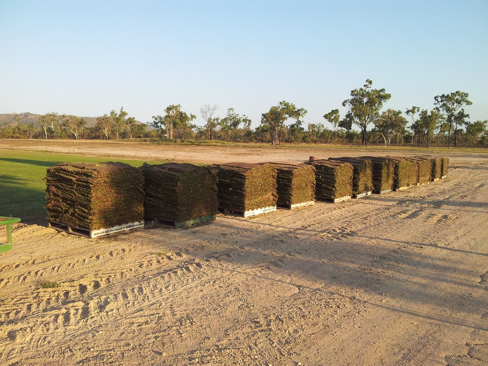 Pallets of Cut Sod Arranged on A Dirt Field with Trees and Sky in The Background — Top Notch Turf in Richmond, QLD