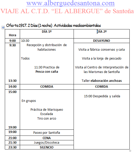 Programa 1 noche y actividades medioambientales