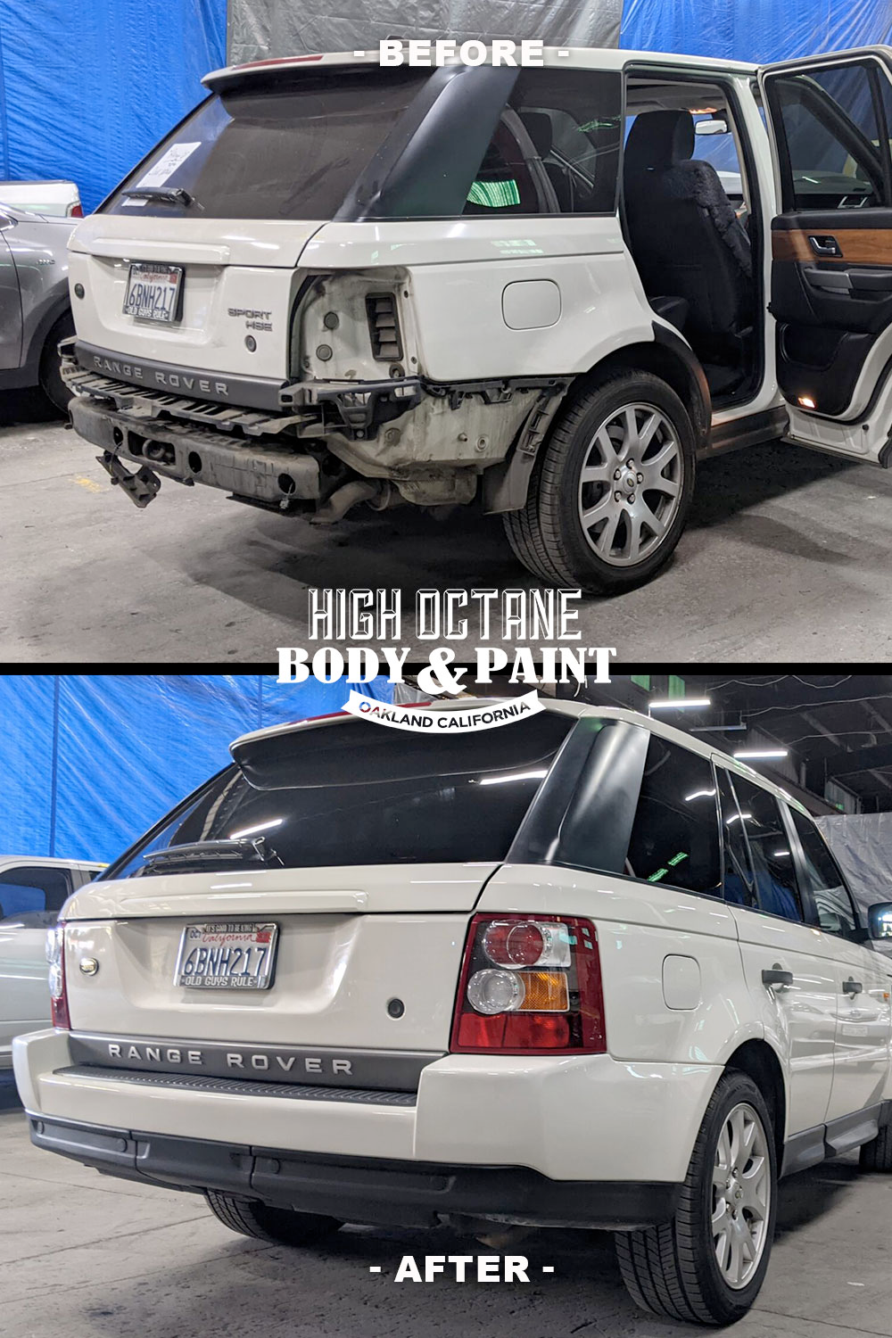 A white range rover before and after being painted by high octane body and paint