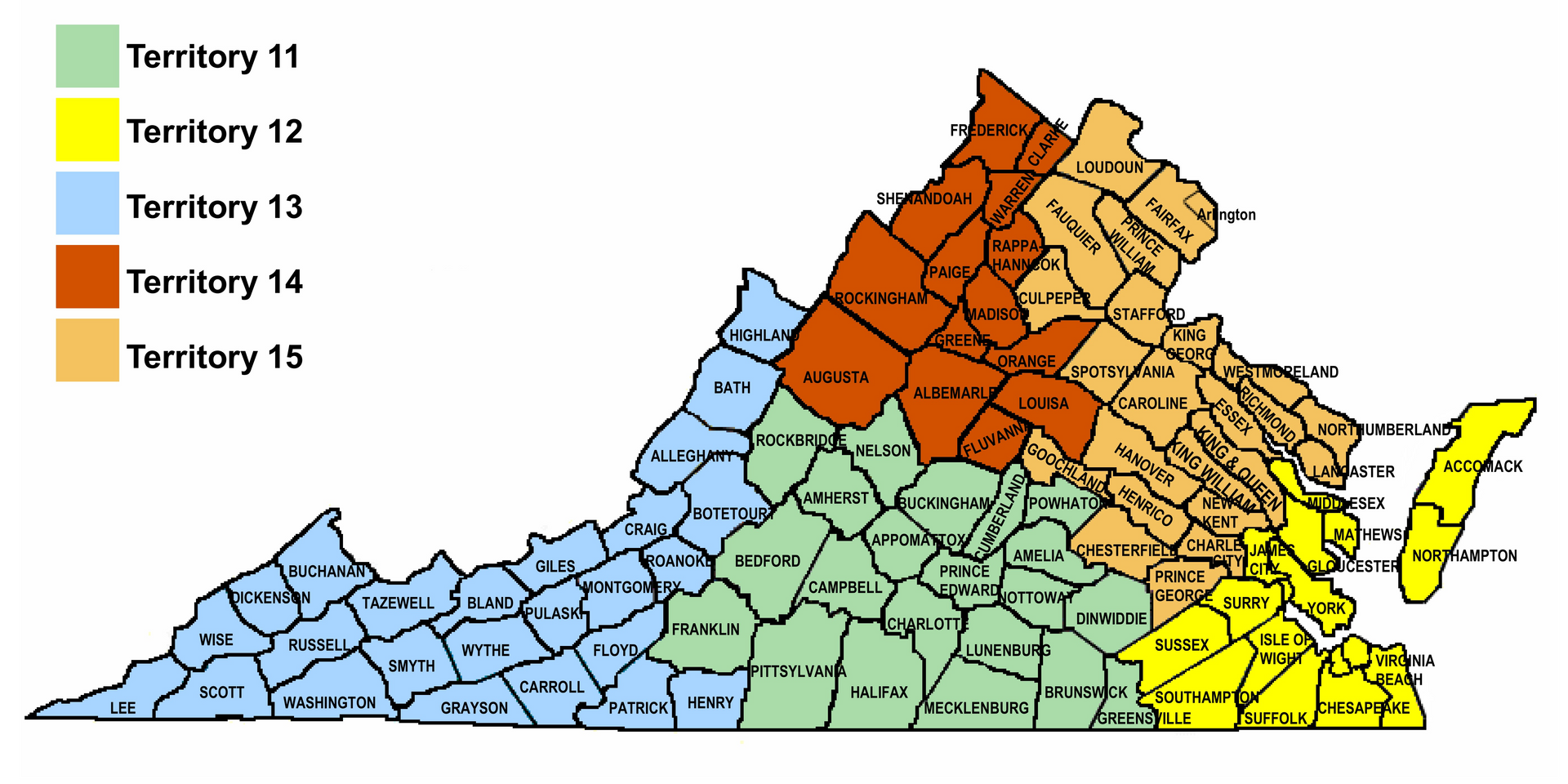 Map of Virginia with counties color-coded by territory. Territory 11 is green, 12 yellow, 13 blue, 14 brown, and 15 tan.
