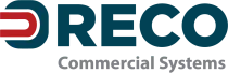 Logo for RECO Commercial Systems with blue text and a red and blue symbol.