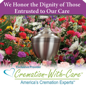 Silver urn in front of a colorful flower arrangement. Text: Cremation-With-Care, honoring dignity.