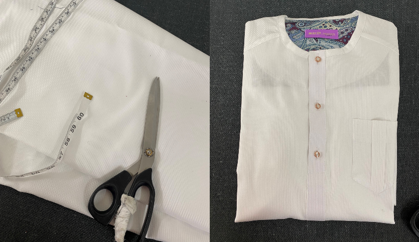 Left image is white fabric and scissors. The right image is the finished white tailored men's kaftan