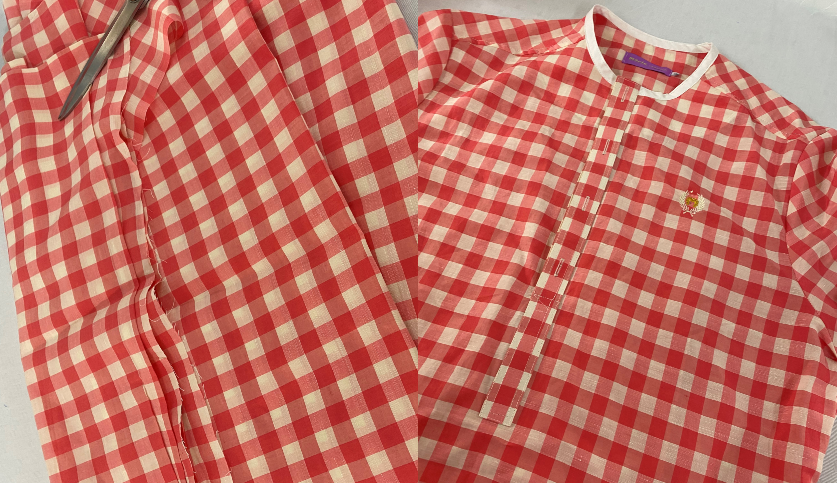 Left image is orange chequered fabric and scissors. The right image is the finished orange chequered tailored men's kaftan