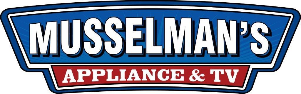 A blue and white logo for musselman 's appliance and tv