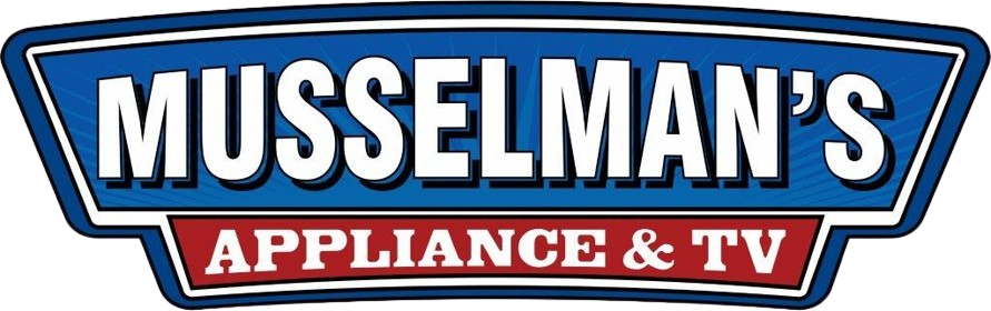 A blue and white logo for musselman 's appliance and tv