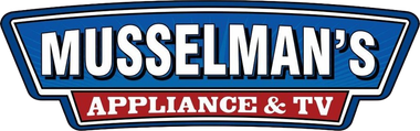 A blue and white logo for musselman 's appliance and tv