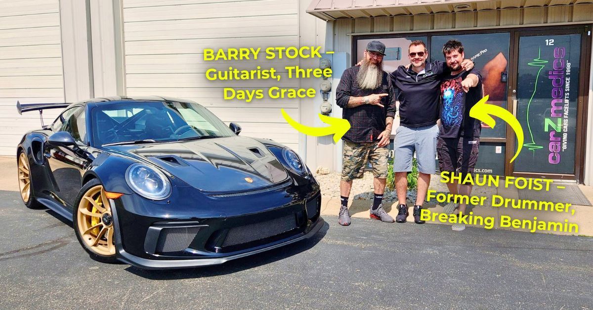 Jason Founder, Owner and Paint Expert of CarZmedics, with Barry Stock, guitarist from Three Days Grace, and Shaun Foist, former drummer of Breaking Benjamin, who were both customers at CarZmedics .