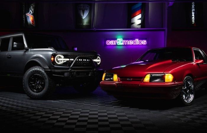 a Ford Mustang and Bronco in a photoshoot after getting ceramic coatings