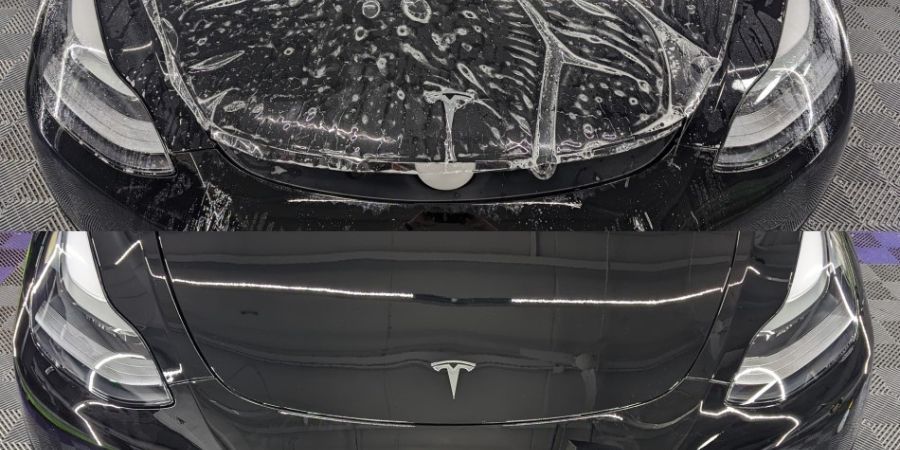 A tesla getting a paint protection film installed on its front bumper and hood to protect against nature's elements like rock chips.