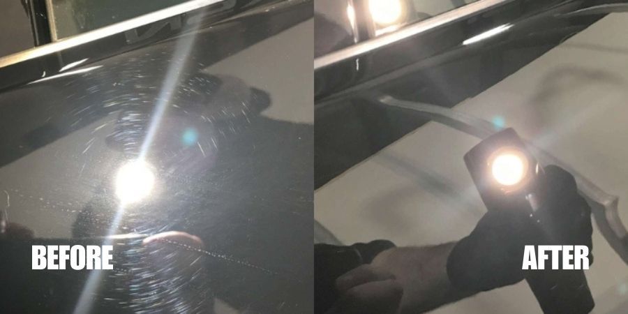 Before and after a professional shop removes swirl marks on a car to prep for a ceramic coating.
