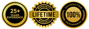 Three gold badges for CarzMedics stating that they have lifetime satisfaction, 25+ years experience and 100% satisfaction