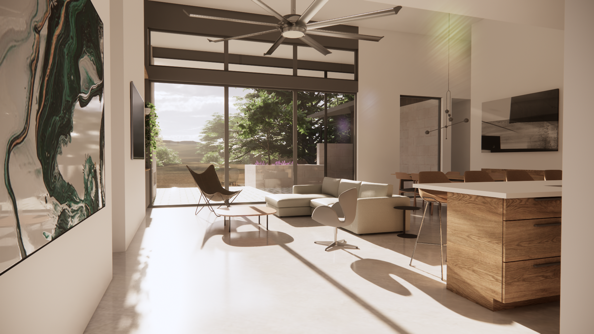A living room and kitchen with a ceiling fan.