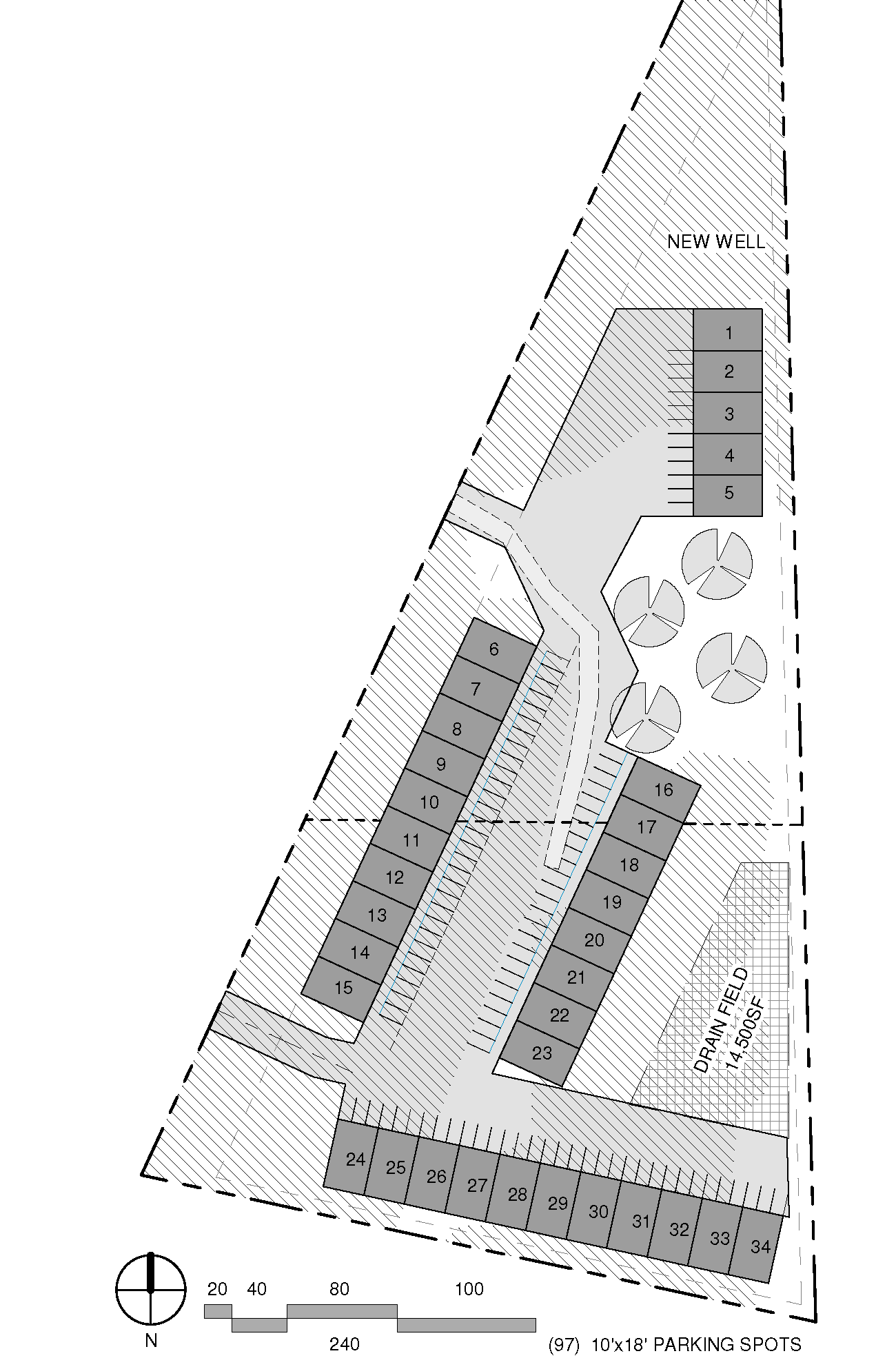 A black and white drawing of a parking lot