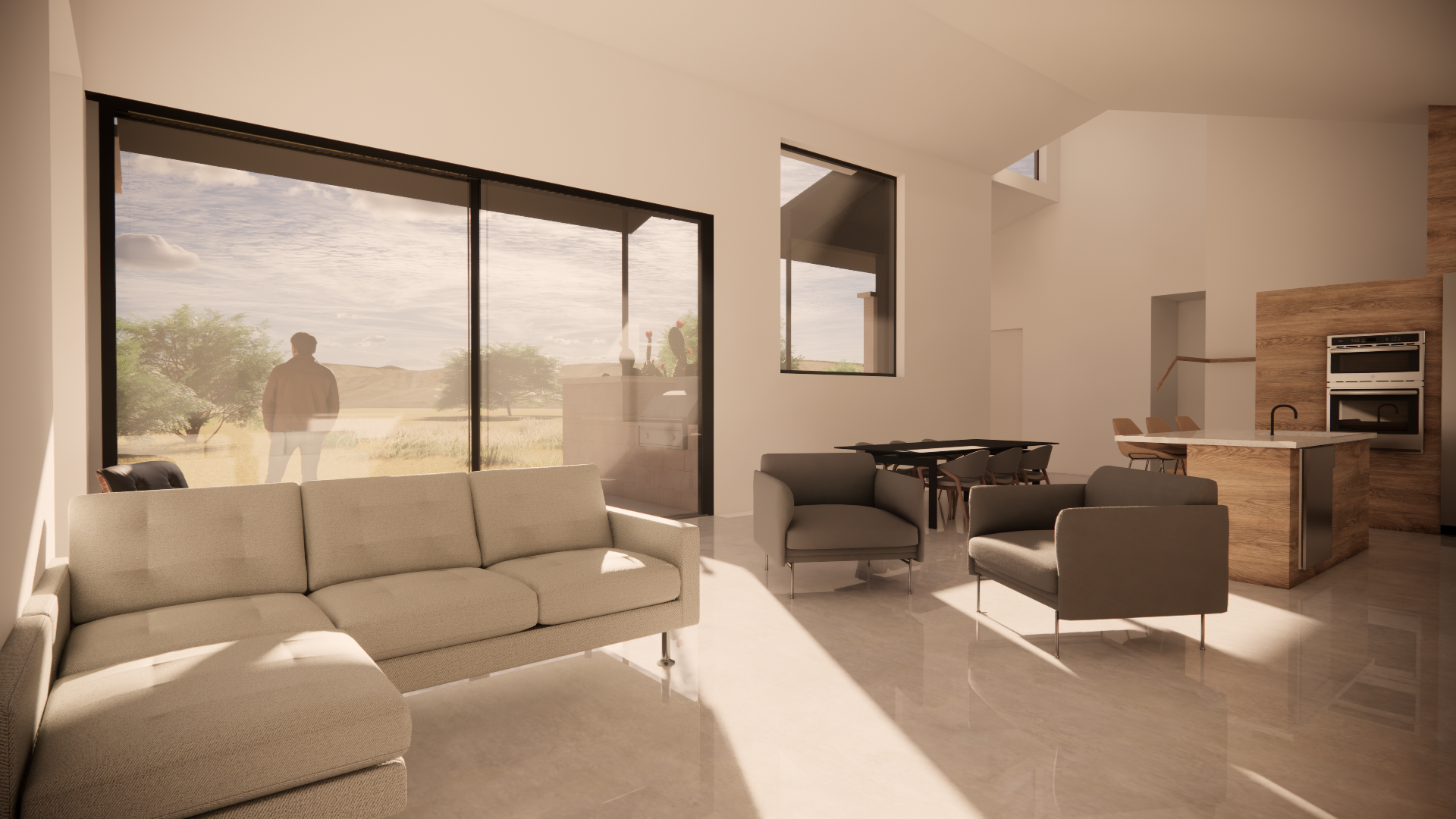 A living room with a couch , chairs , and a large window.