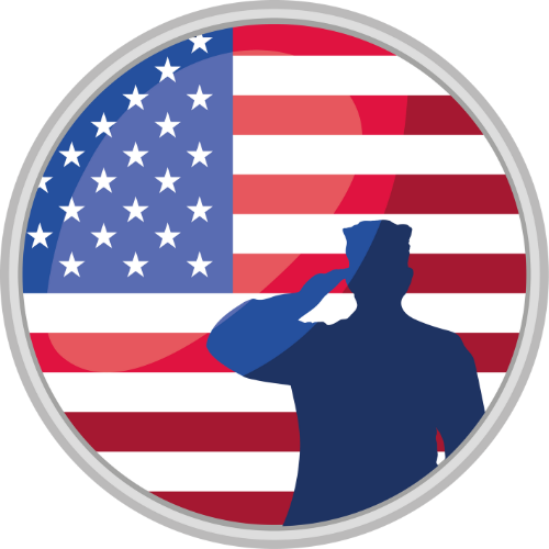 A silhouette of a soldier saluting in front of an american flag.