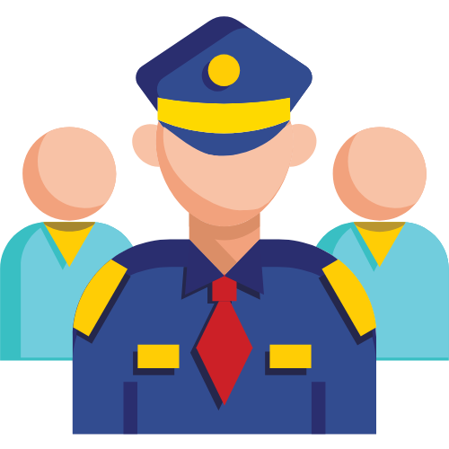 A police officer standing in front of a group of people.