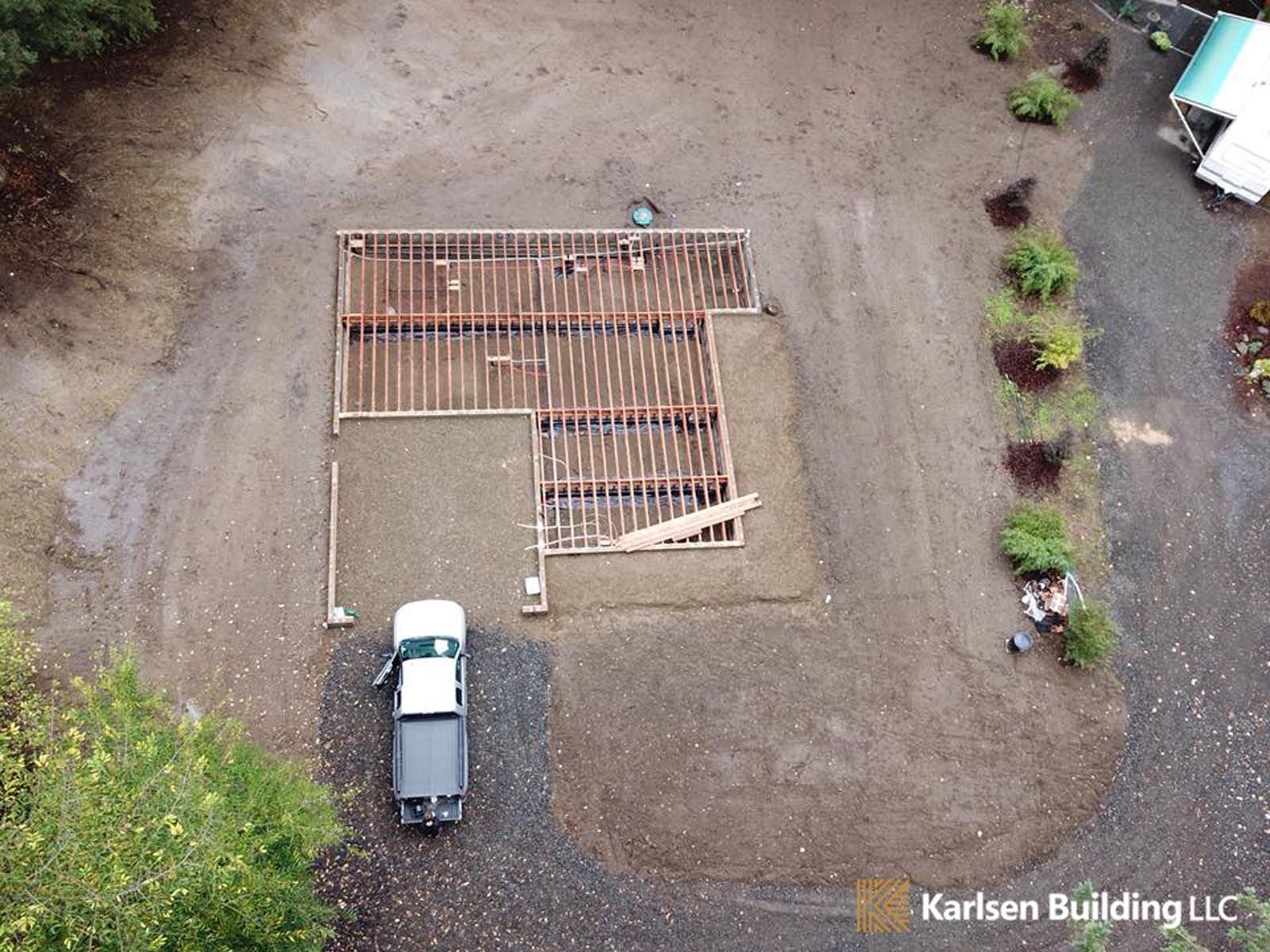 An aerial view of a house being built by karlsen building llc