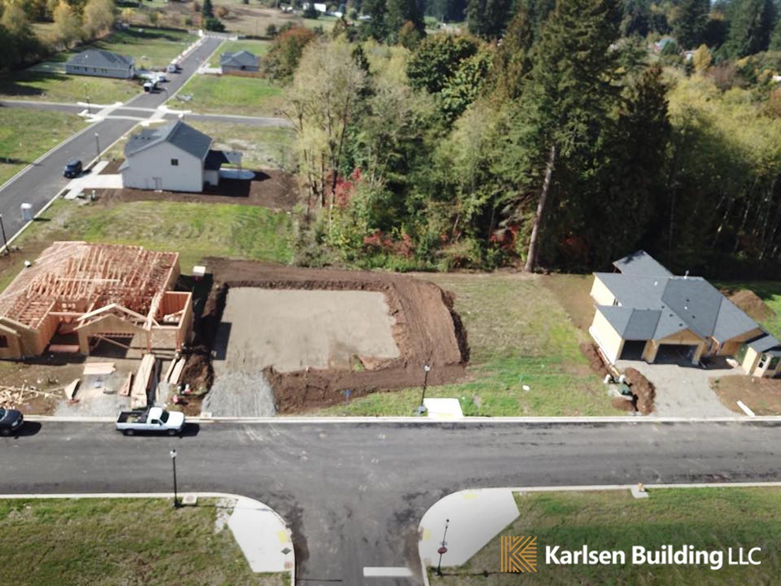 An aerial view of a house under construction by karlsen building llc