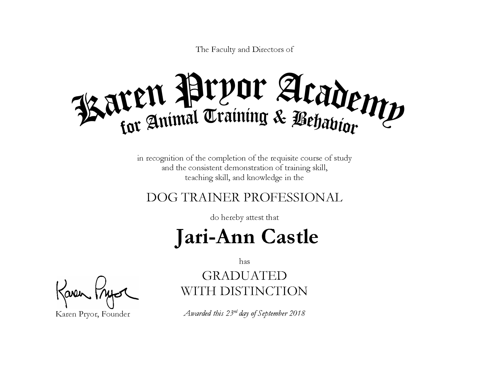 Karen Pryor Professional Dog Trainer