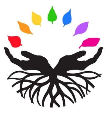 A silhouette of two hands with roots and leaves in the background