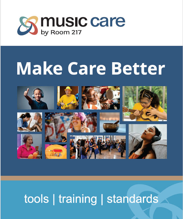 An advertisement for music care by room 217