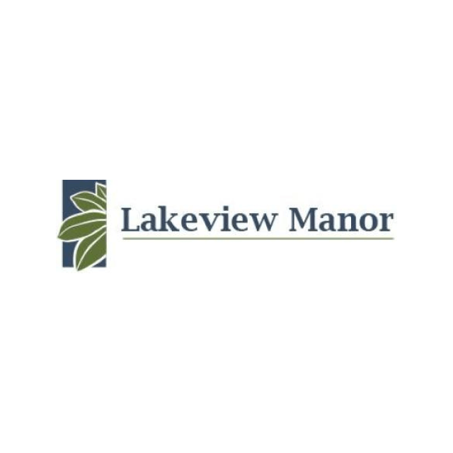 A logo for lakeview manor with a tree in the middle.