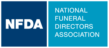 The logo for the national funeral directors association is blue and white.