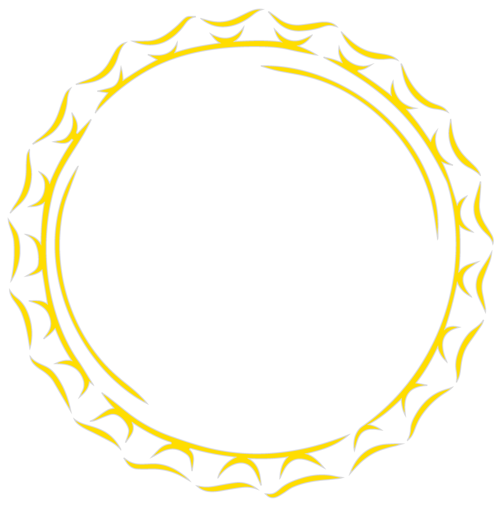 Gele cirkel met daarin een vraagteken, omgeven door een decoratieve zonachtige rand.