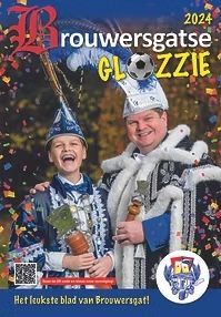 Cover van Brouwersgatse Glozzie 2024: Twee personen in carnavalsoutfit met een voetbalhoed en confetti.