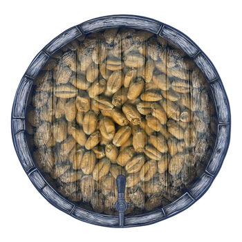 Een houten vat gevuld met graan, van bovenaf gezien, met een kraantje aan de onderkant.