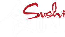 Red handwritten “Sushi” logo on a white background