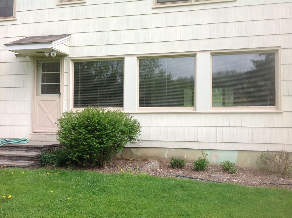 Exterior view of a light-colored house with a door and three windows with blinds. A bush sits in front of the windows.