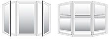 Two white, three-paneled bay windows with varying angles and design details. One has an open window.
