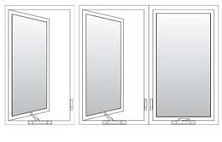 Three diagrams showing a casement window opening in different positions: partially open, further open, and fully closed.